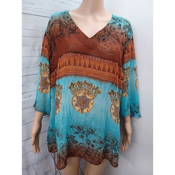 Cato Chiffon Blouse Turquoise Brown Gold Sz 22/24W - Picture 1 of 11